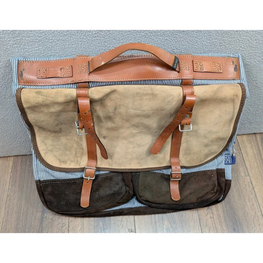 Vintage Hickory Stripe Canvas Suede Garment Travel Luggage Bag Blue White Brown